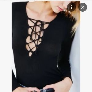 Urban Outfitters - front tie lace up - black long sleeve crop top - size x-small